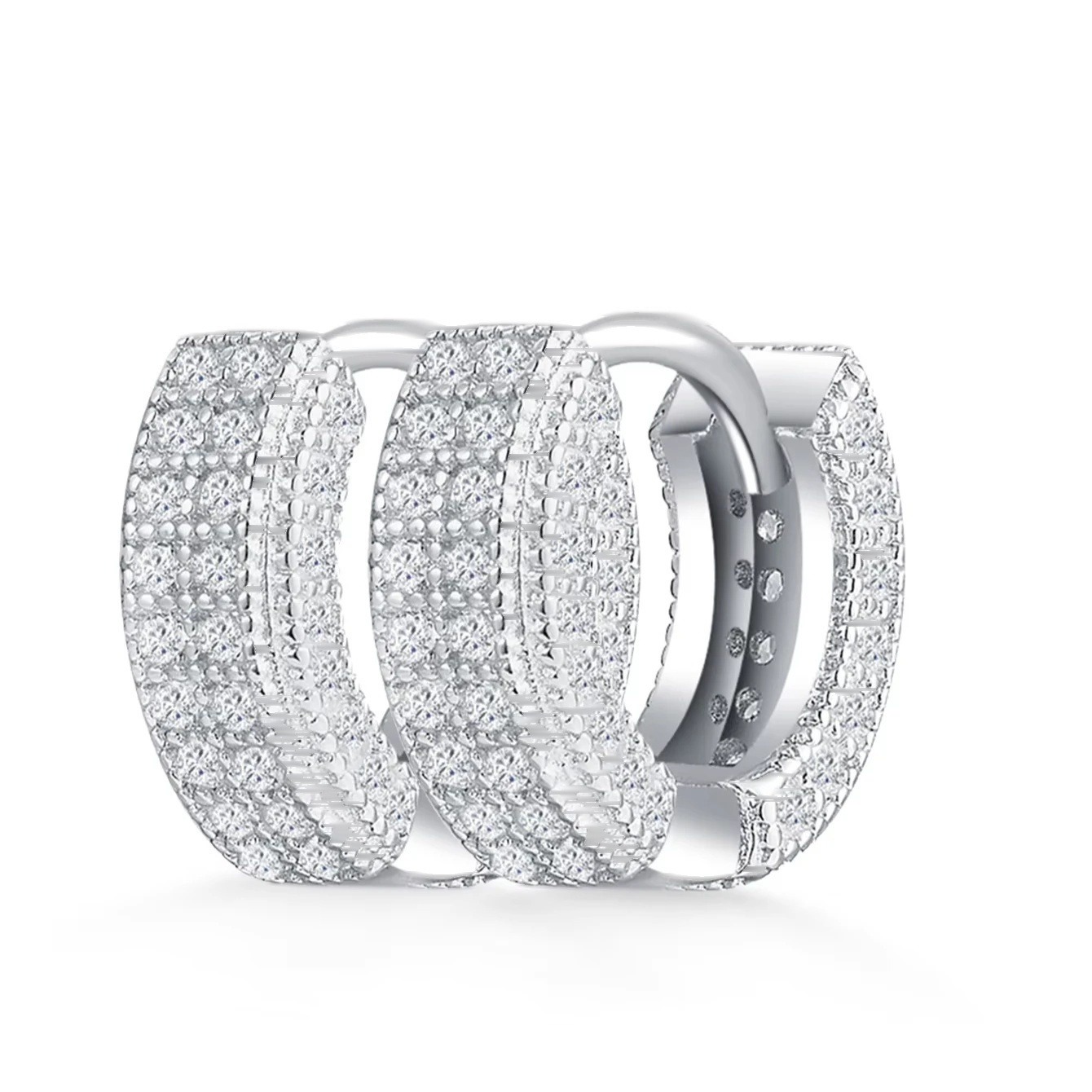 Iced Out Hoop Earrings · 3-Row Pavé · 925 Silver · D Color VVS Moissanite