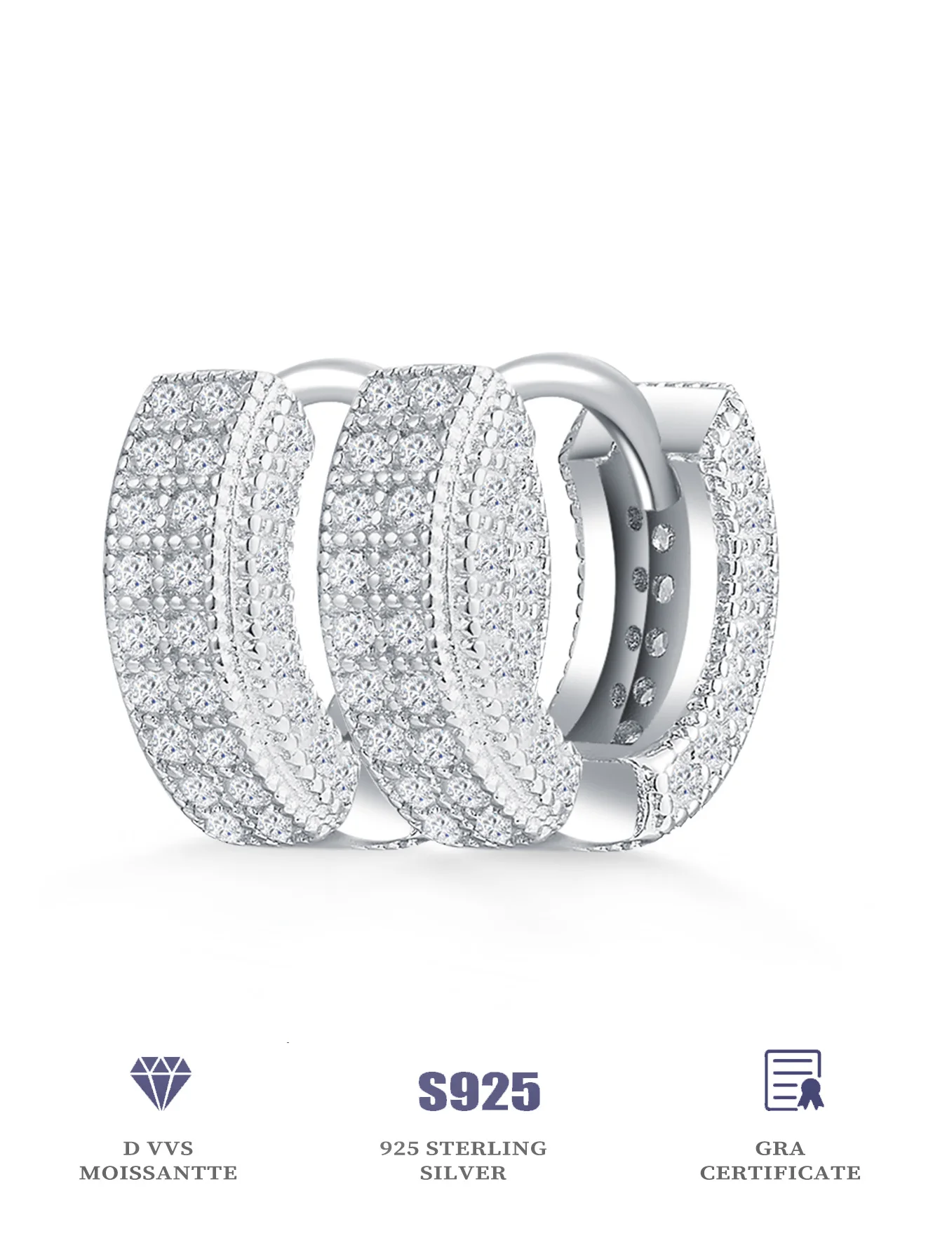 Iced Out Hoop Earrings · 3-Row Pavé · 925 Silver · D Color VVS Moissanite