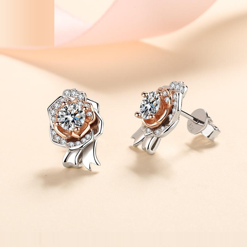 Iced Out Rose Flower Earrings · Rose Gold · 925 Silver · Moissanite