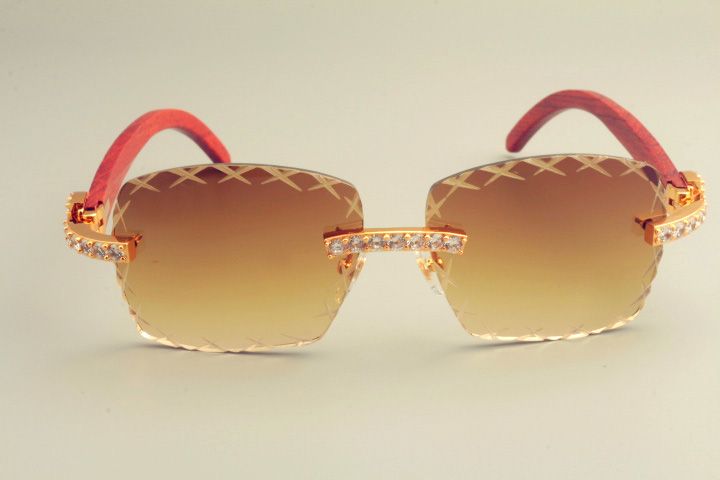 direct natural red wooden temple sunglasses, luxury personalized diamond